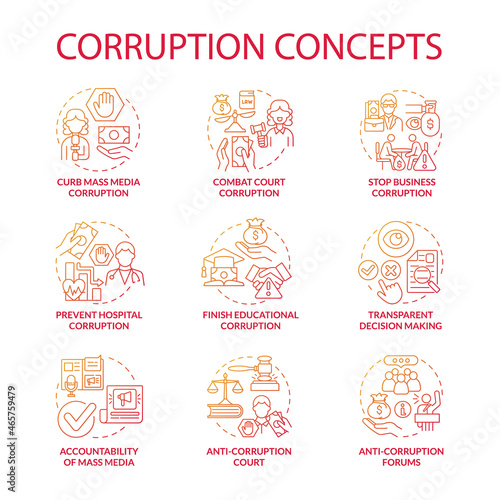 Corruption forms concept icons set. Corrupted government idea thin line color illustrations. Bribe in government. Embezzlement of money. Transparent decission making. Vector isolated outline drawings.