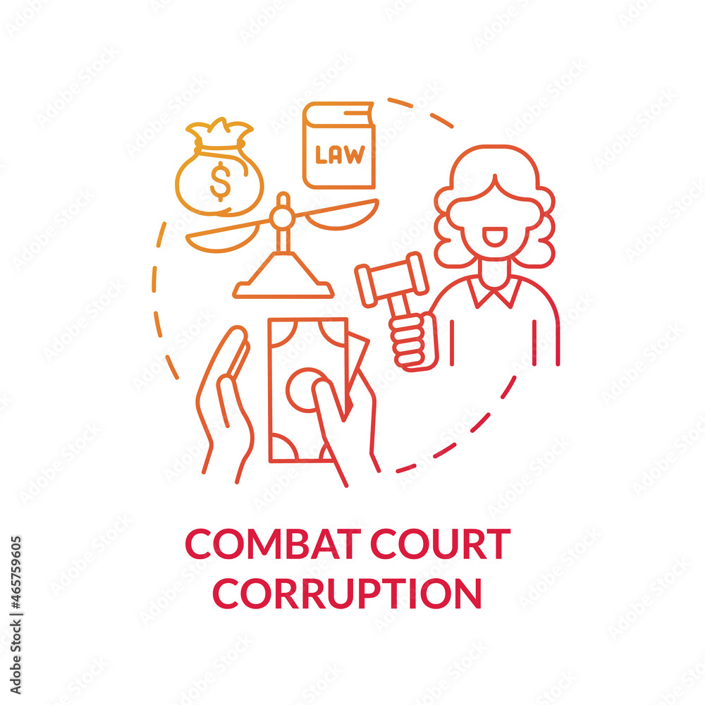 Combat court corruption red concept icon. Corrupt judicial system abstract idea thin line illustration. Bribery and political interference in court. Vector isolated outline color drawing. Combat court corruption red concept icon. Corrupt judicial system abstract idea thin line illustration. Bribery and political interference in court. Vector isolated outline color drawing.