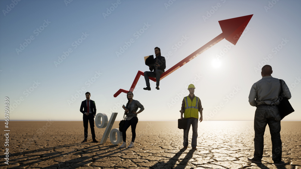 Financial chart with upward arrows, business people showing financial ...