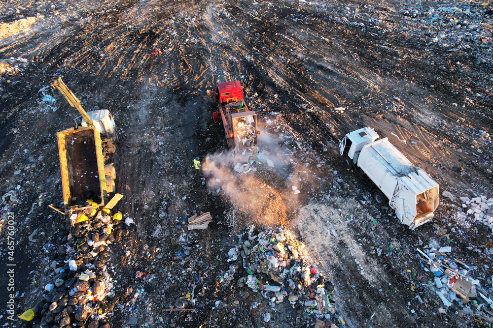 Landfill waste disposal. Garbage dump with waste plastic and