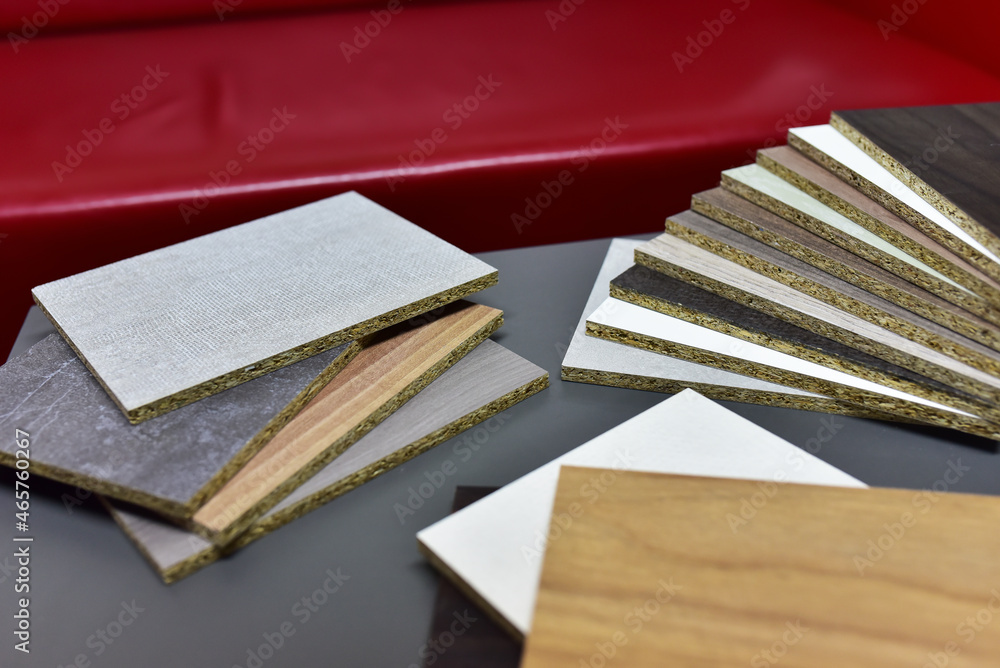 Samples Of Fibreboard Panels With Wood Texture. Laminated Cpd 