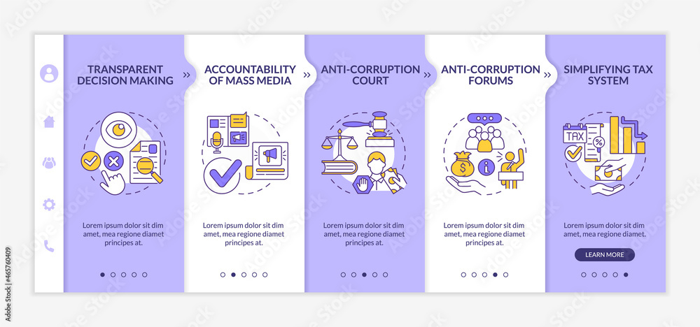 Anti corruption measures onboarding vector template. Responsive mobile website with icons. Web page walkthrough 5 step screens. Government policy color concept with linear illustrations