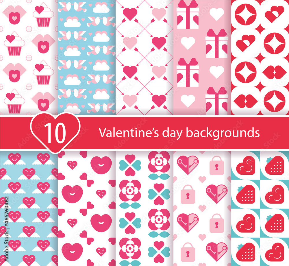 Valentine's day abstract geometric background set with tradional simbols heart, love, kiss, flower, lock, keys, dove, gift. Decorative festive pattern for wrapping paper, wallpaper, textile, packaging