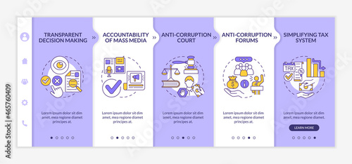 Anti corruption measures onboarding vector template. Responsive mobile website with icons. Web page walkthrough 5 step screens. Government policy color concept with linear illustrations