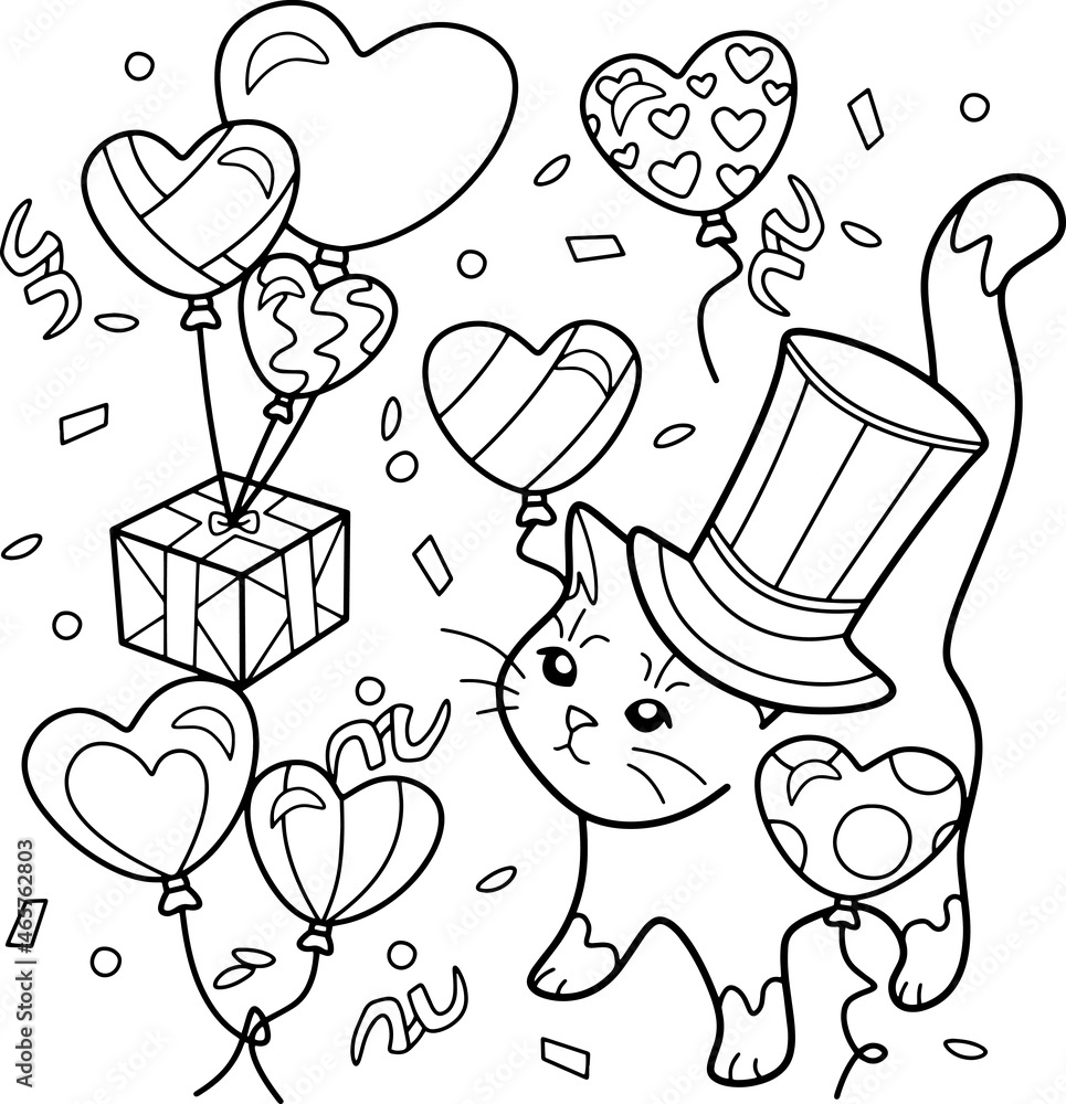 Fototapeta premium Coloring antistress page for adults and children. Romantic cat. 