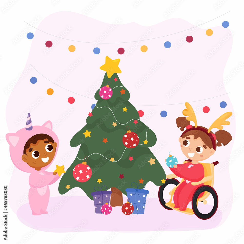 Multiethnic children decorate the Christmas tree