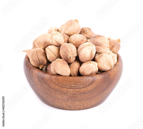 Heap of white cardamom pods in wooden bowl, isolated on white background. Kapulaga Jawa or Javanese cardamom. Amomum kepulaga. Clipping path. photo