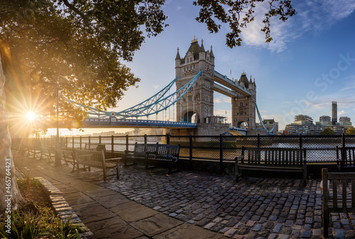 Beautiful sunrise view to the iconic Tower Bridge in London during autumn time without people