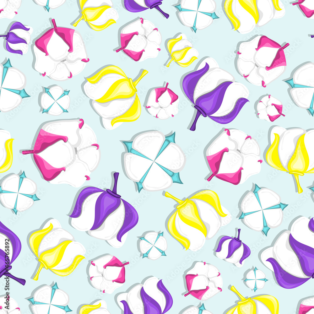 Seamless pattern with multicolored cotton. flat vector illustration.