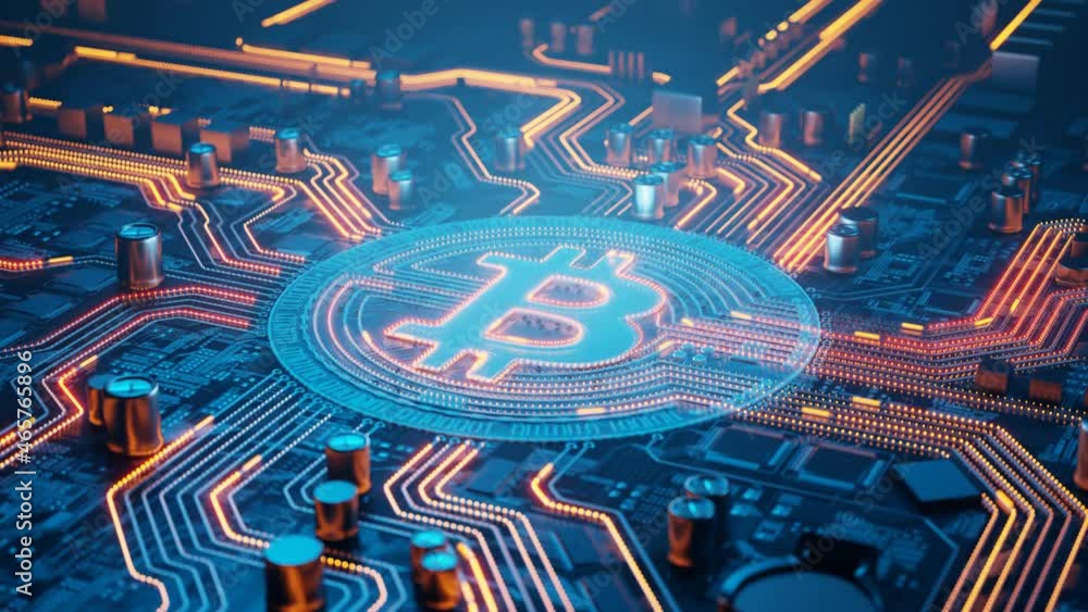 Bitcoin mining. Bitcoin symbol on a motherboard. Virtual cryptocurrency concept