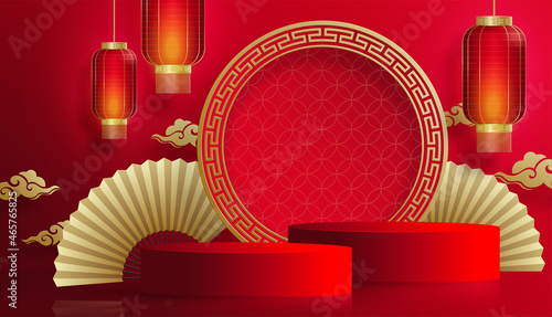 Podium round stage chinese style, for happy chinese new year 2022 on red paper cut art and craft and color backgroung with asian elements (Chinese Translation : happy new year 2022, year of the tiger)