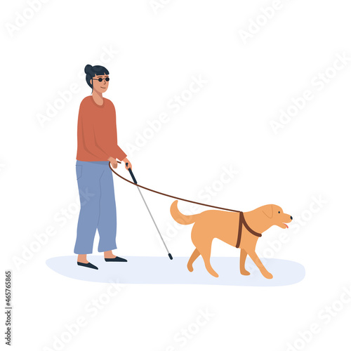 A guide dog with blind person walking together. Disabled female with cane stick using help of dog. Flat style characters. Vector illustration.