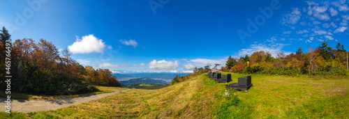 Viewpoint overlooking autumnal mountains and town (Zao, Yamagata, Japan)