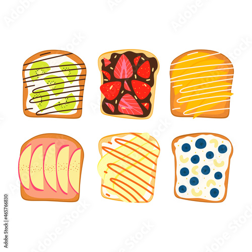 A flat vector cartoon set of sweet sandwiches with various ingredients such as strawberries, pears, nuts, cream cheese, chocolate or nut paste. Delicious breakfast or snack. White background.