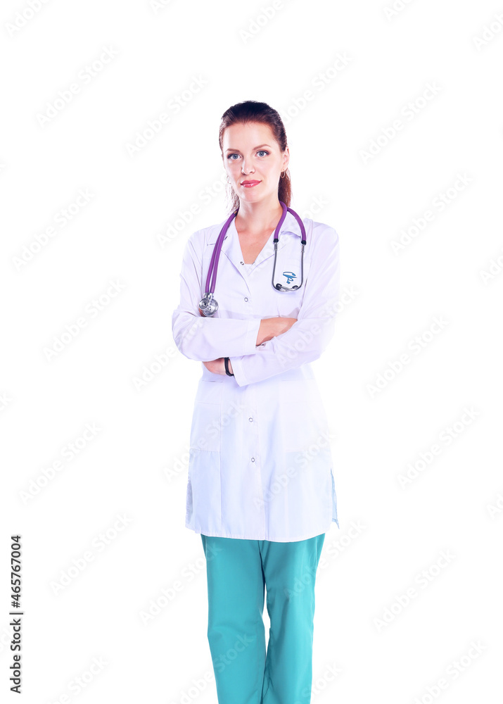 Smiling female doctor with a folder in uniform standing at hospital Smiling female doctor with a folder in uniform standing at hospital