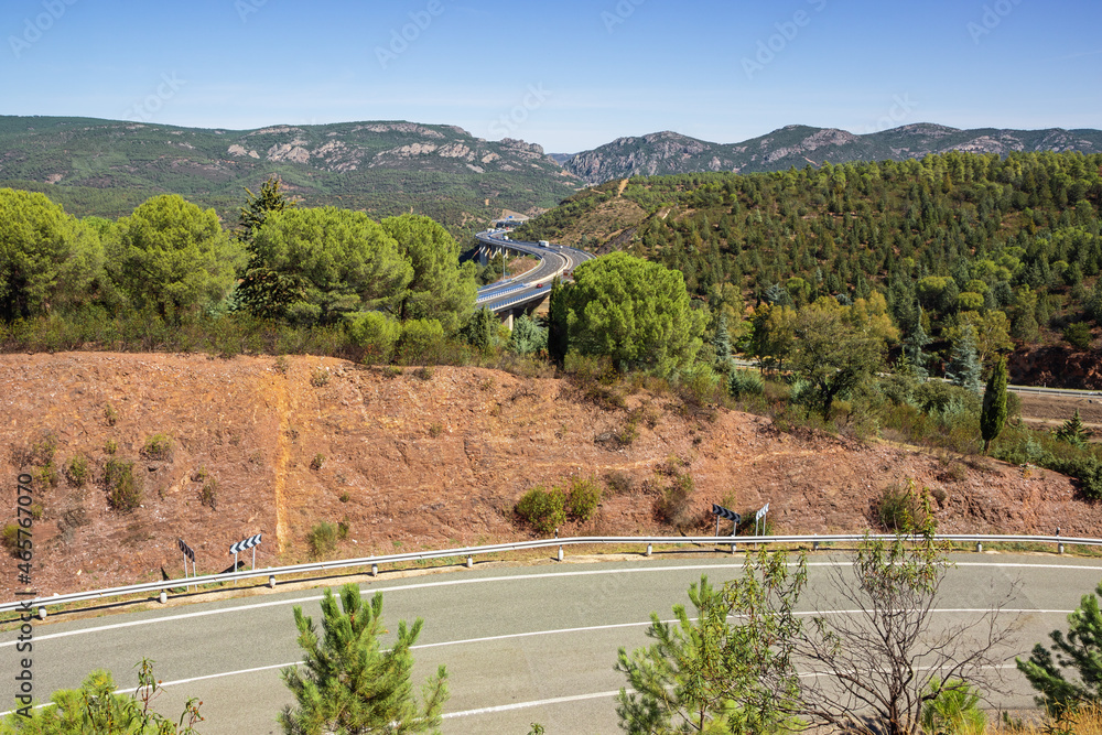 Distant view of the Despenaperros gorge with the highway, seen from a vantage point in Santa Elena