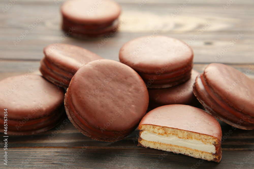 Choco pie chocolate coated snacks on brown background. Choco pie chocolate coated snacks on brown background.