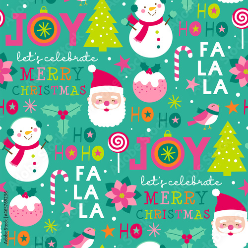Cute cartoon character, pine trees and christmas elements seamless pattern.