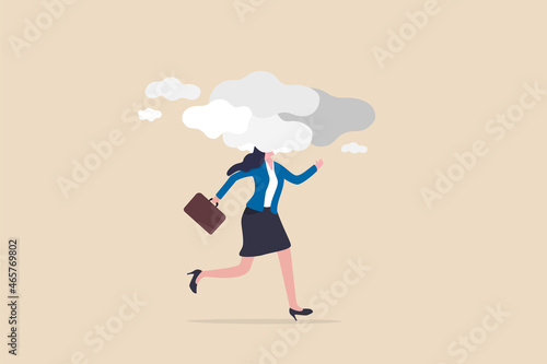 Brain fog causing mental problem or struggle, work anxiety or stress make confusion or depression concept, confused office businesswoman walking with brain fog, smoke or cloud covered her head.