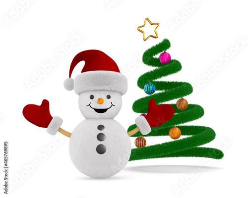 snowman and christmas tree on white background. Isolated 3D illustration
