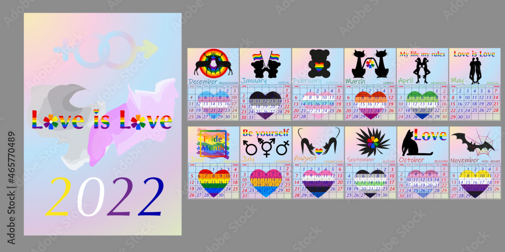 Vector LGBT pride calendar Outline dark drawings with attributes of
