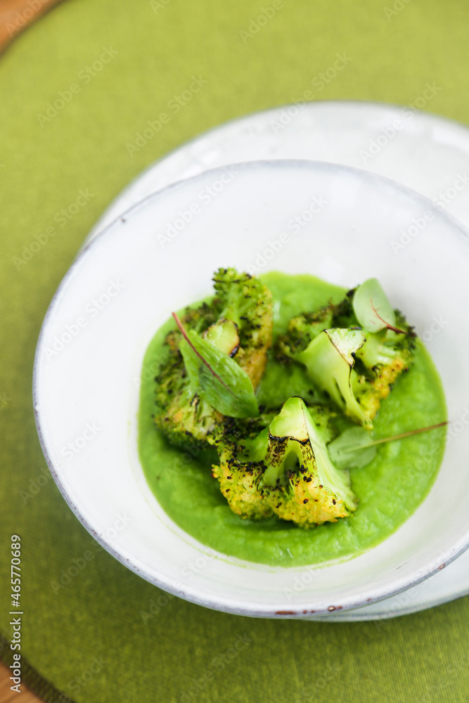 Roasted broccoli with pea puree Roasted broccoli with pea puree