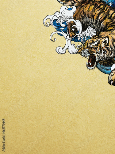 Cool oriental golden background with tiger and waves