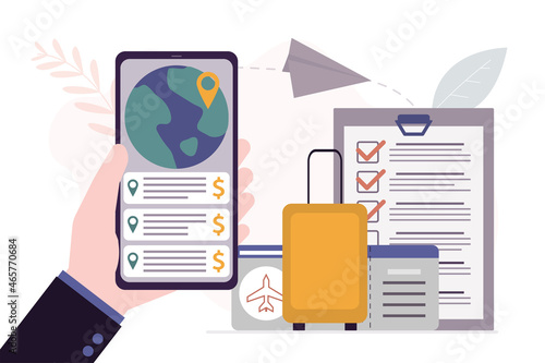 Hand holds mobile phone with application for choose place and ticket to travel. Searching and planning trip. Summer vacation, recreation and tour concept. Airplane travel.