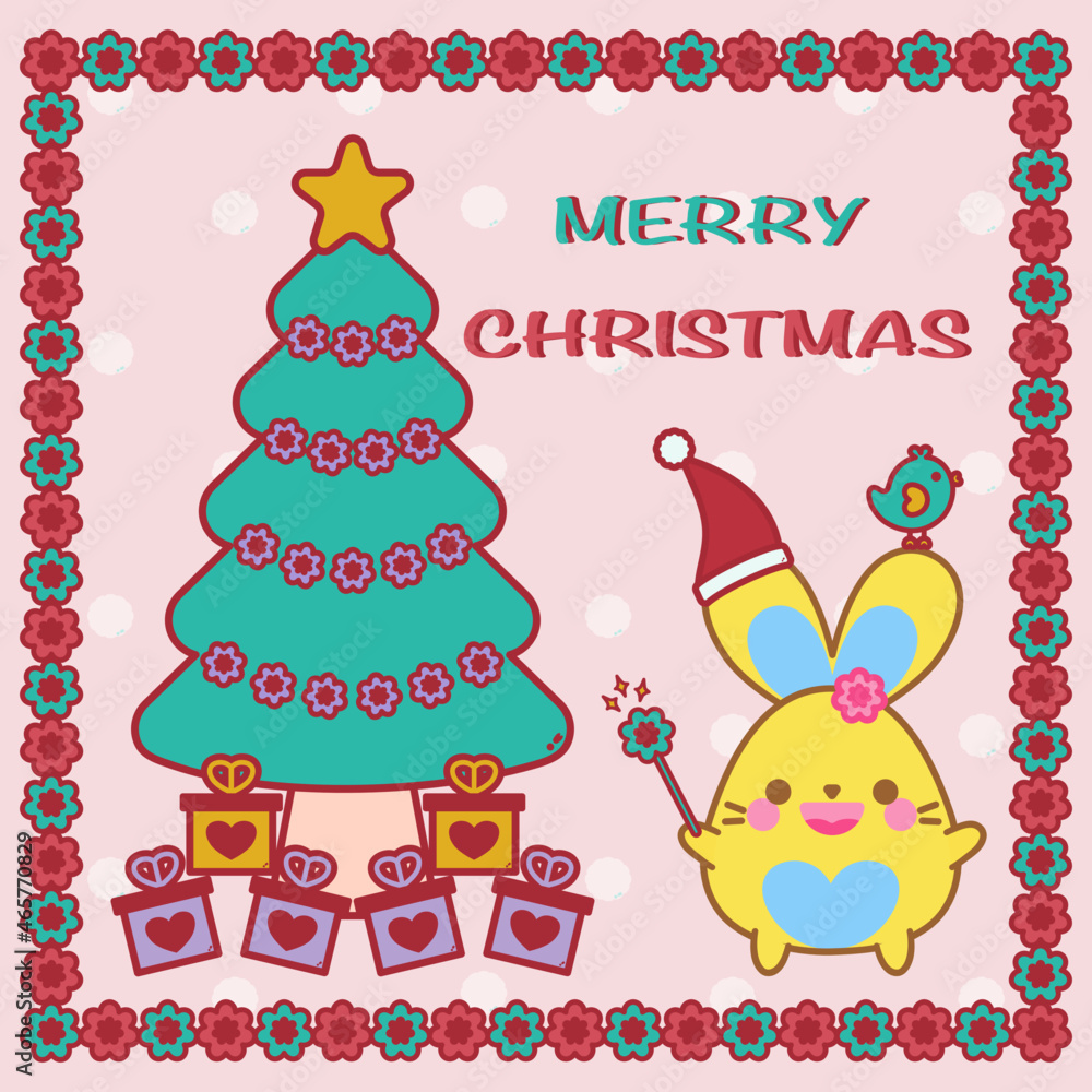 Merry Christmas greeting card. Winter snow background. Christmas tree, gift, bird, flower frame, decoration. Happy cute bunny, Santa Claus hat, flower magic wand, kawaii cartoon smile doodle design.