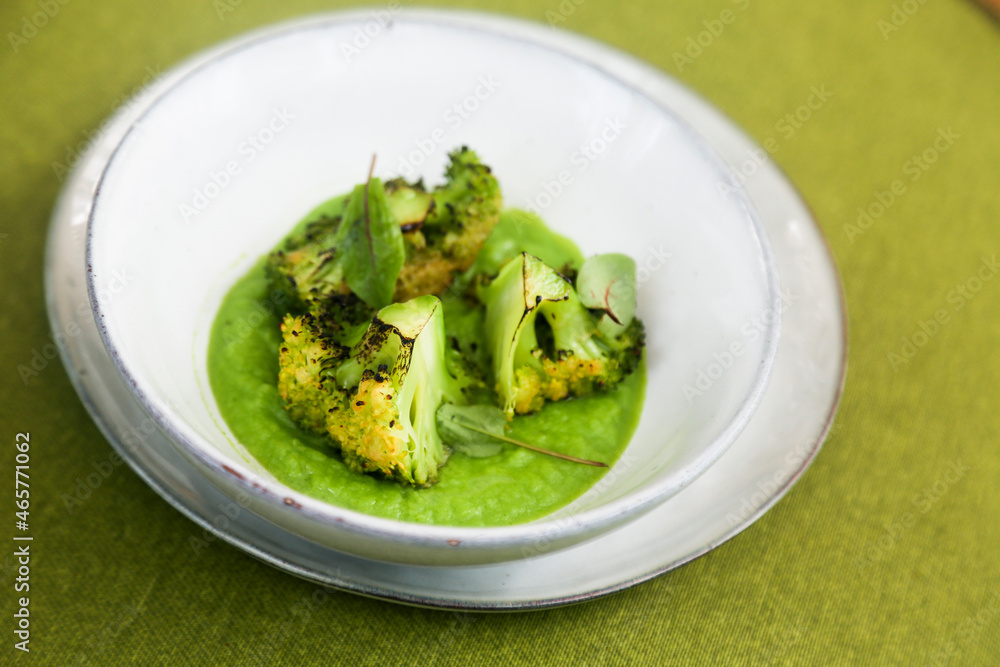 Roasted broccoli with pea puree Roasted broccoli with pea puree