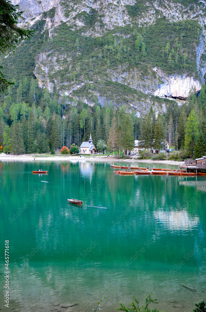 Pragser Wildsee (Lago di Braies) in the Dolomites, South Tyrol 