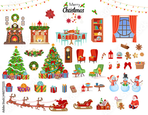 Christmas set with fireplace, chairs, Christmas tree, holiday table with food, gifts, garlands.Vector  cartoon illustration.