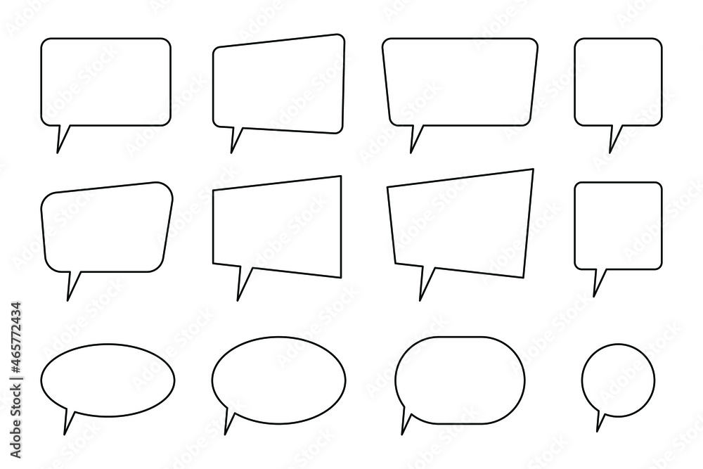 Speech Bubbles Set of Outlined Circle Distorted Rectangle and Square Blank Trendy Shapes, Black Elements on White Background, Vector Flat Graphic Design Speech Bubbles Set of Outlined Circle Distorted Rectangle and Square Blank Trendy Shapes, Black Elements on White Background, Vector Flat Graphic Design