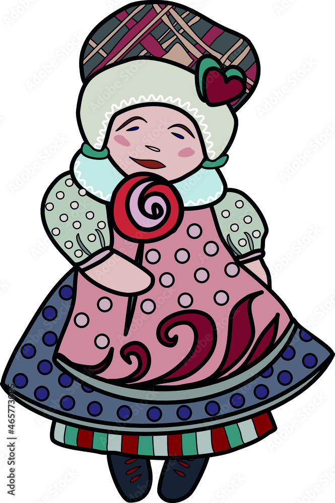Little girl in a beanie with a lollipop in her hand. Vector illustration. Baby and sweets. Little girl in a beanie with a lollipop in her hand. Vector illustration. Baby and sweets.