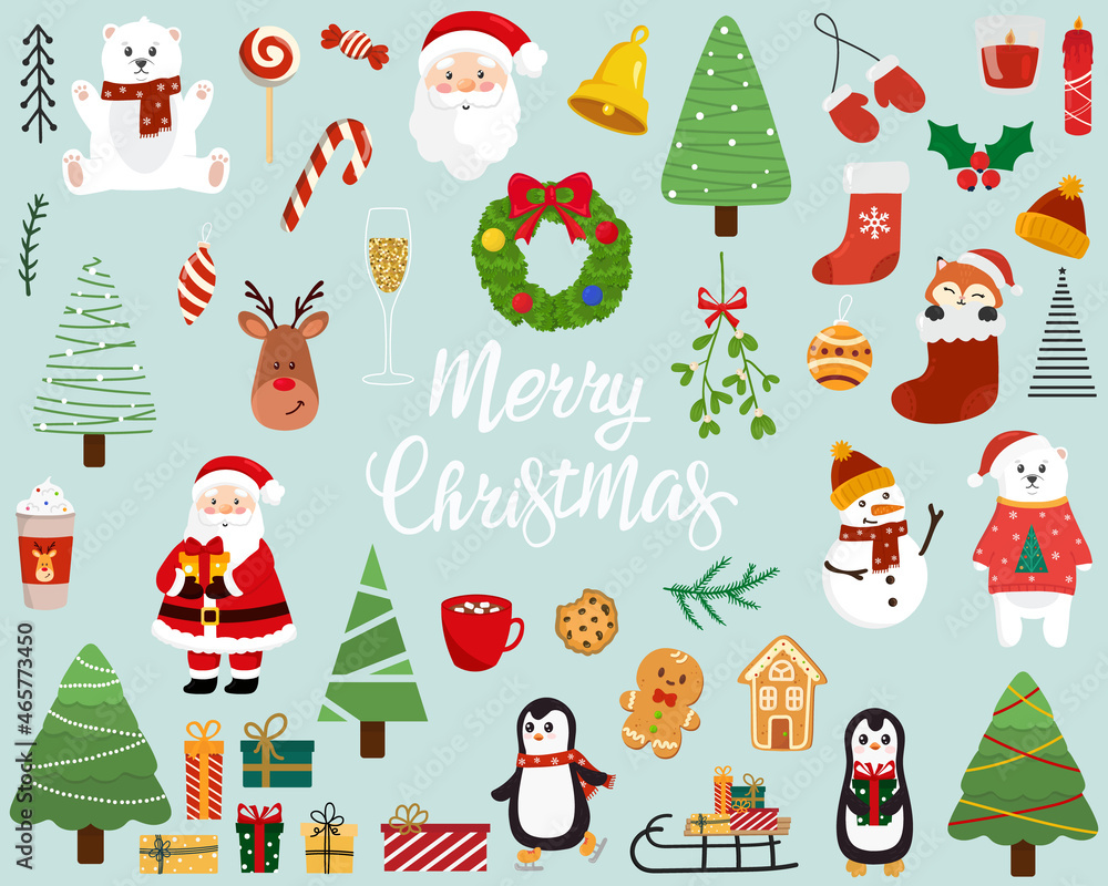 Set of Christmas elements. Vector illustration Christmas concept on blue background. Perfect for Christmas and New Year cards.