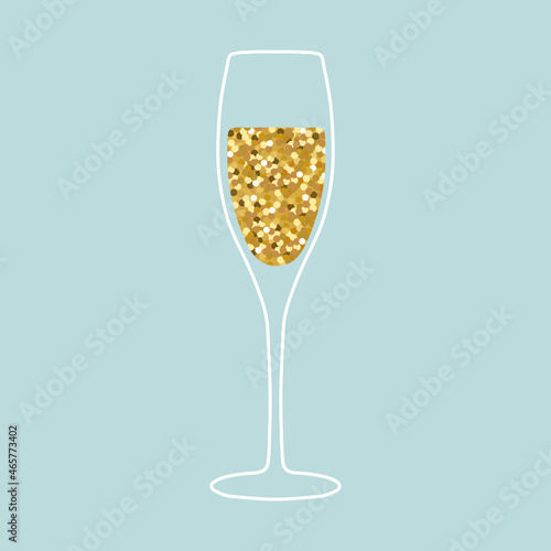 Illustration of champagne glass with of realistic golden glitter dust isolated on blue background. Perfect for holiday card or elegant party invitation.