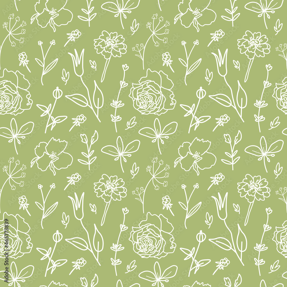 Vector seamless pattern with Flowers white line on sage green hand painted background.Summer,floral,botanical print in doodle style.Design for textiles,fabric,wrapping paper,packaging,wallpaper.