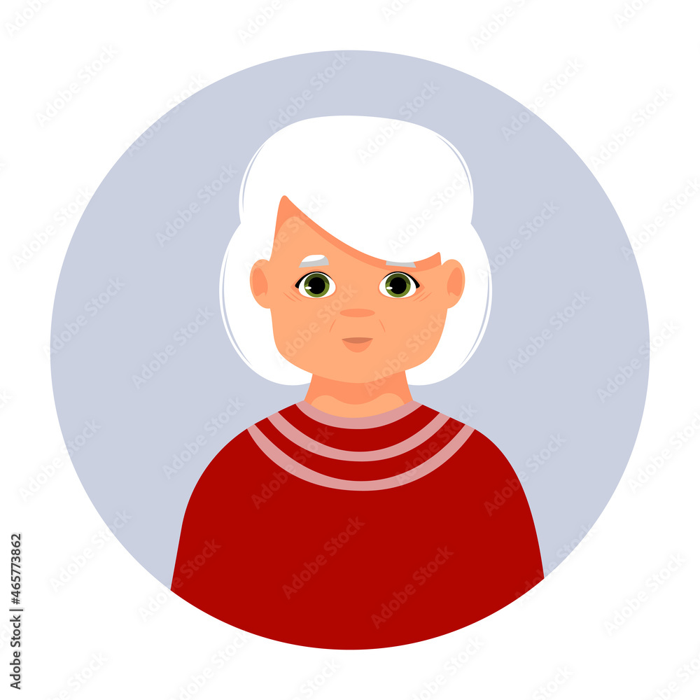 Portrait of elderly woman. Avatar of female person. Vector icon of senior adult in flat style. Portrait of elderly woman. Avatar of female person. Vector icon of senior adult in flat style.