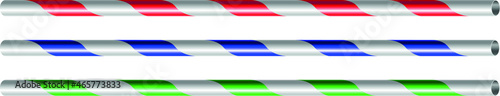 Colorful tubes for drinks. Red, blue, and green stripes. Set of three cocktail tubes