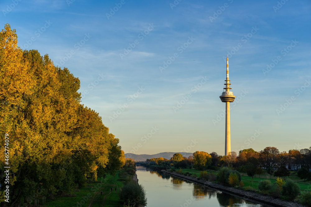 Fototapeta premium The river Neckar and the telecommunication tower in Mannheim in Germany.