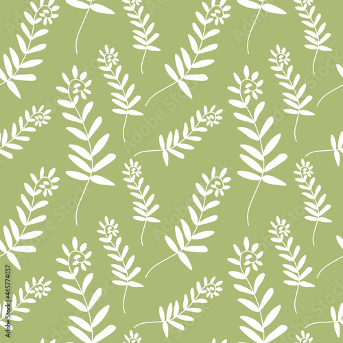 Fototapeta Naklejka Na Ścianę i Meble -  Vector seamless pattern with Flowers white line on sage green hand painted background.Summer,floral,botanical print in doodle style.Design for textiles,fabric,wrapping paper,packaging,wallpaper.