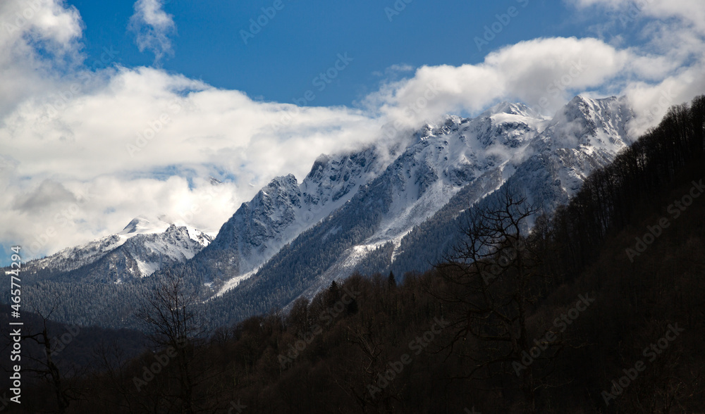 Impressive view of the snowy Caucasus Mountains.