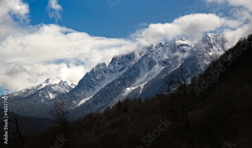 Impressive view of the snowy Caucasus Mountains.