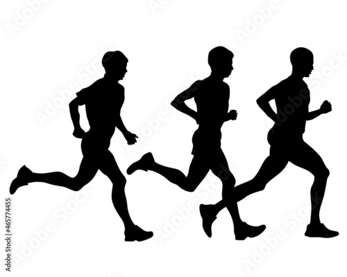 Young athletes run a marathon. Isolated silhouettes on white background