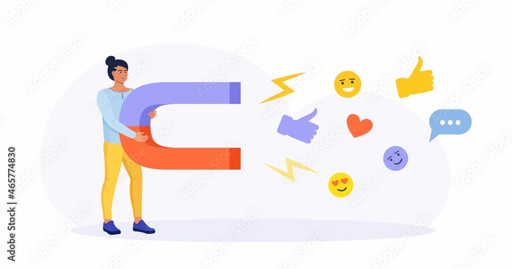 Social media marketing. Woman with large magnet attracting social media content icons, likes, followers, chat messages. Search, attraction of target audience, new subscribers. Social network promotion Social media marketing. Woman with large magnet attracting social media content icons, likes, followers, chat messages. Search, attraction of target audience, new subscribers. Social network promotion