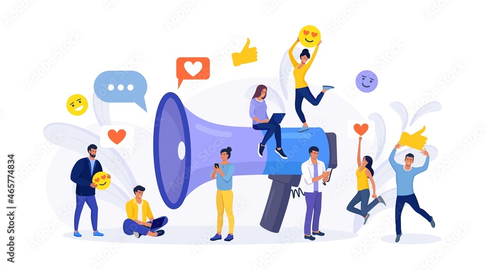 Social media promotion services with megaphone. Big loudspeaker to communicate with audience. Attracting subscribers, positive feedback, followers. PR agency team for influencer digital marketing - obrazy, fototapety, plakaty 