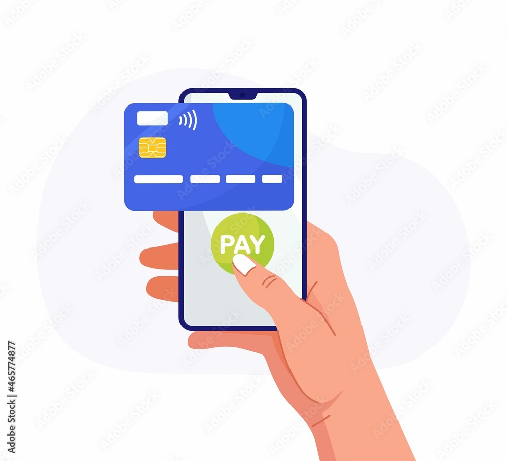 Vecteur Stock Pay by credit card via electronic wallet on phone. Mobile  banking app, contactless payment. Hand holds smartphone with virtual bank  card. Shopping by phone and connected credit card, digital money.