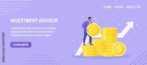 Businessman standing on stack of money. Successful investor or entrepreneur. Stock market income. Financial consulting, investment and savings. Business growth. Millionaire banker, financier. Vector 