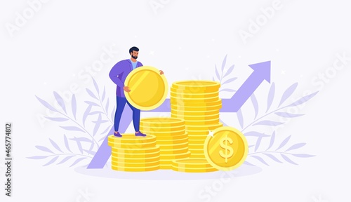 Businessman standing on stack of money. Successful investor or entrepreneur. Stock market income. Financial consulting, investment and savings. Business growth. Millionaire banker, financier. Vector 