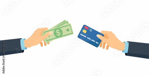 Human hands holding credit or debit card and money bills. Financial operations, investments, transactions and cash turnover. Cash and non-cash payment. Vector design